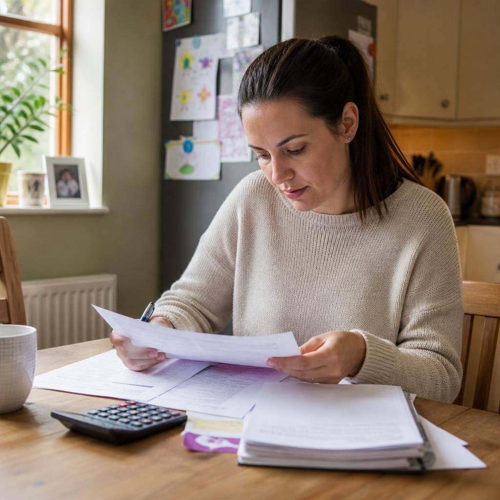 Single parent reviewing fostering documents at a kitchen table