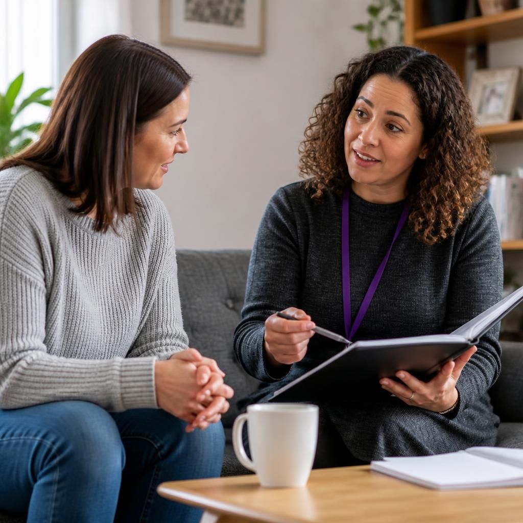 New foster carer discussing training materials with a fostering adviser