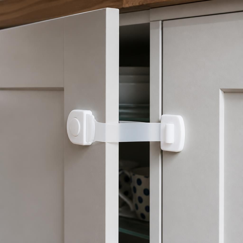 Child-resistant latch fitted to a kitchen cupboard