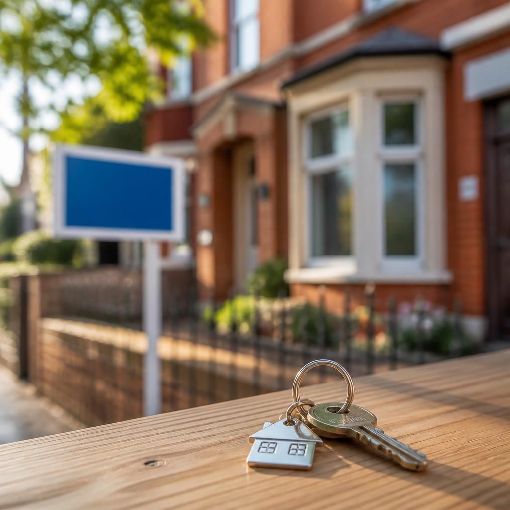 Family home with a rental sign and a set of house keys