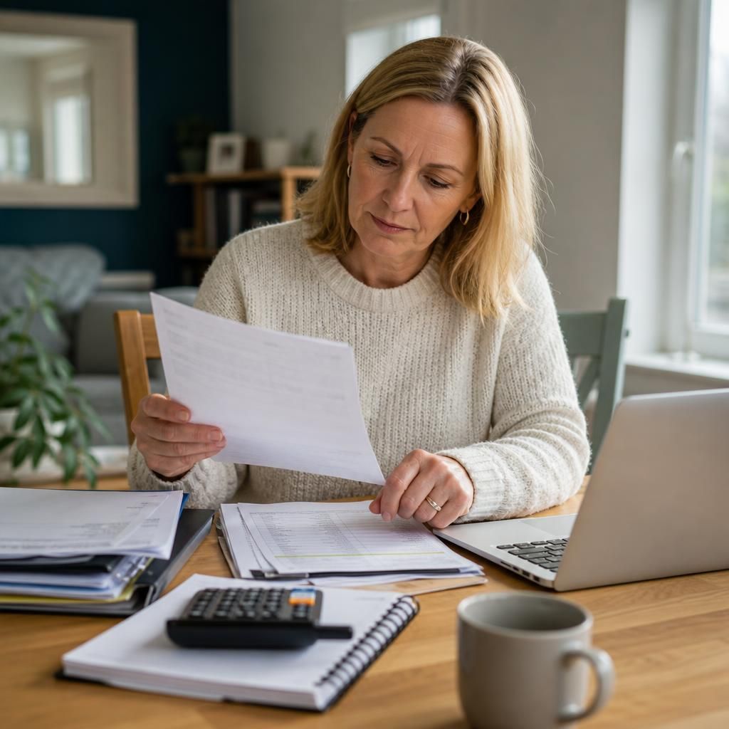 Foster carer reviewing tax documents and fostering payment records at a desk
