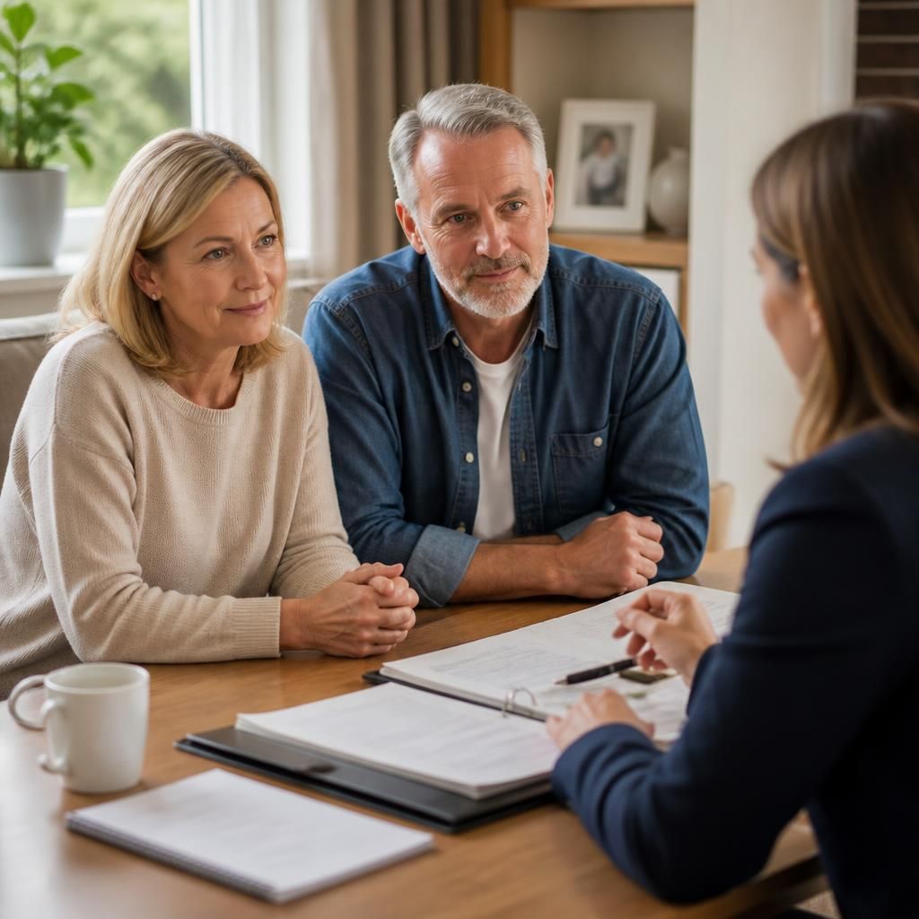 Mature couple discussing fostering information with a social worker