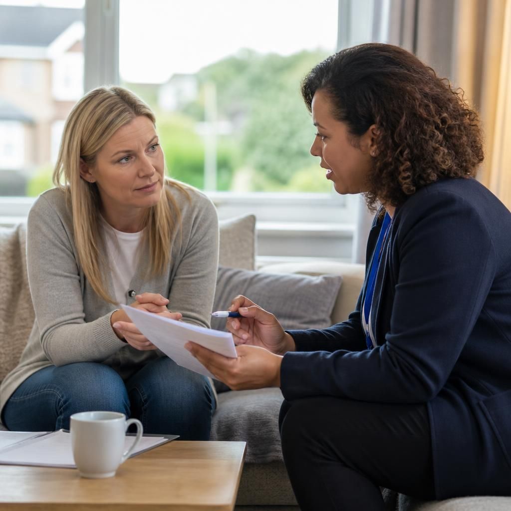 Foster carer discussing a child’s placement plan with a social worker