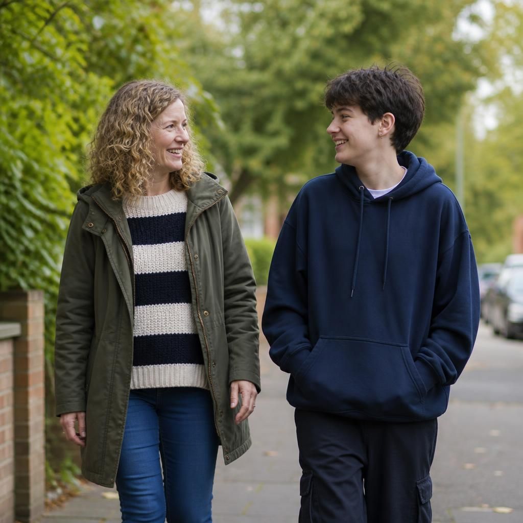 Foster carer and young person walking together outdoors