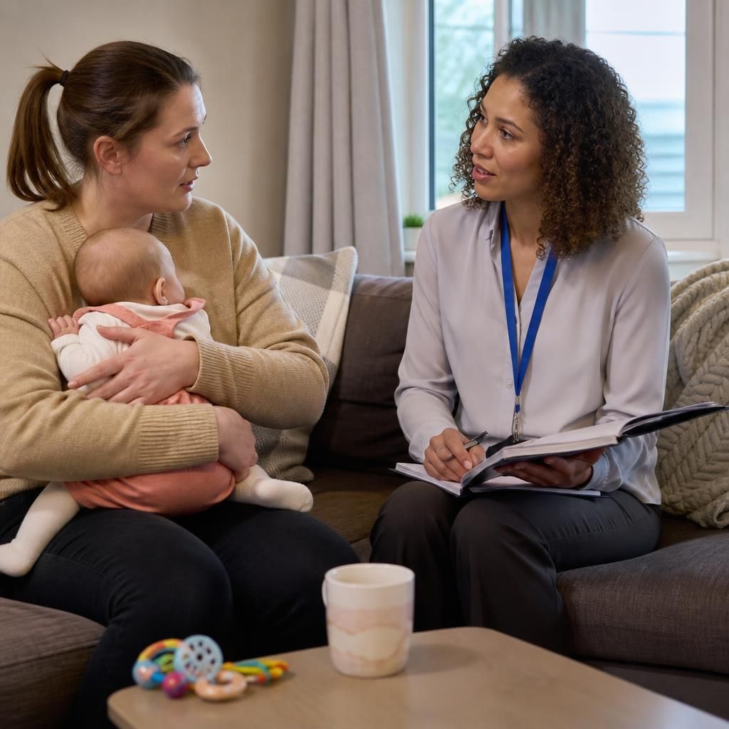 Foster carer speaking with a social worker about an infant’s care
