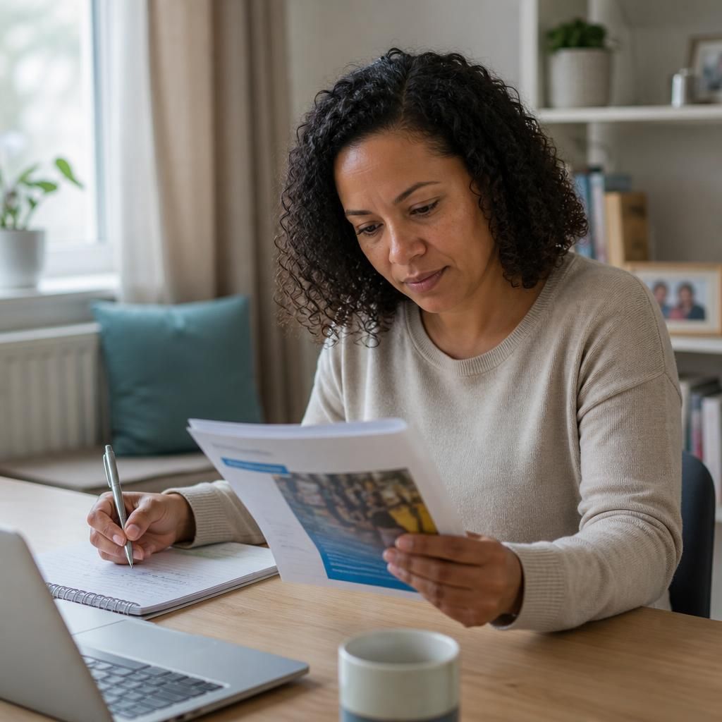 Prospective foster carer reviewing training materials with a notebook and laptop