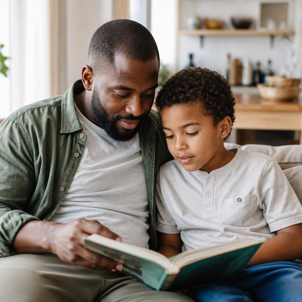 Adult and child reading together at home