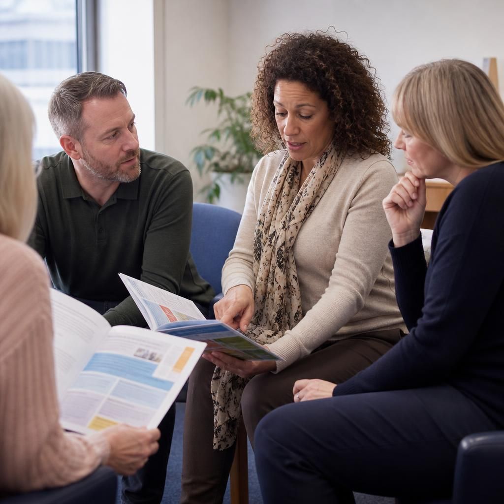 Foster carers discussing training materials during a group session