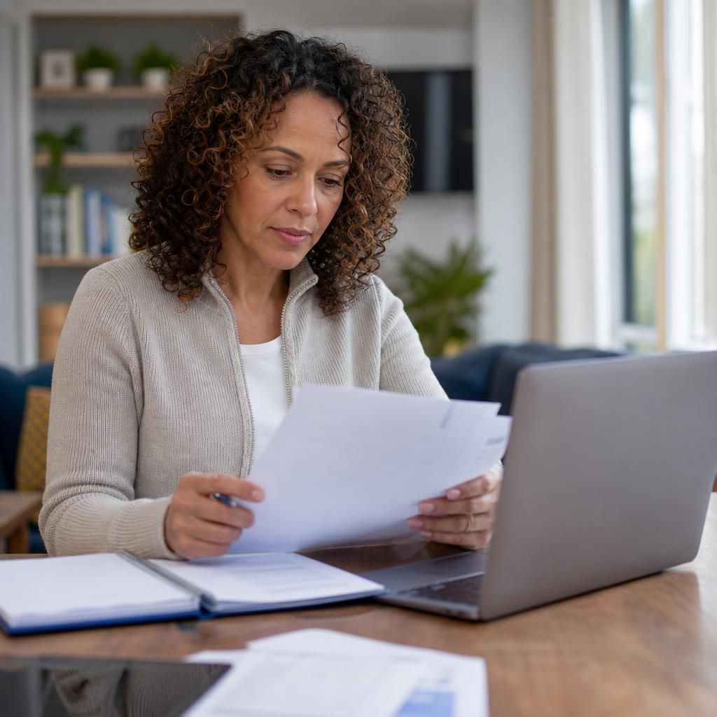 Prospective foster carer reviewing application documents at a desk