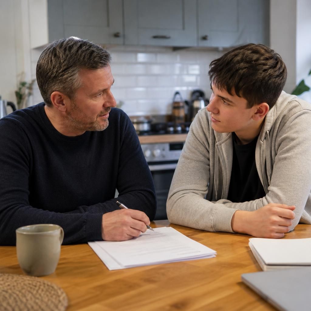 Foster carer and teenager discussing plans at a kitchen table