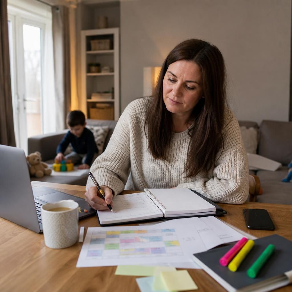 Foster carer reviewing a work and childcare schedule at home