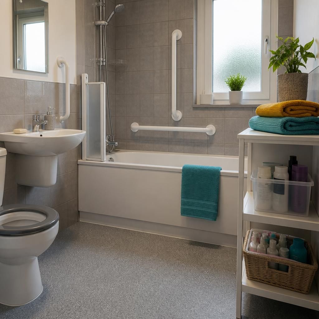 Bathroom with non-slip flooring, grab rails and securely stored toiletries