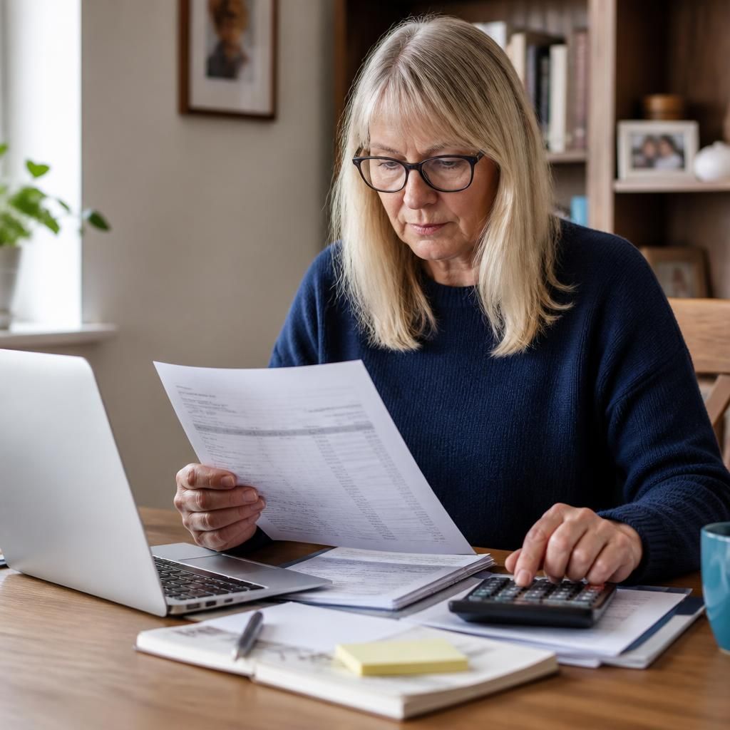 Foster carer reviewing payment records and tax documents at a desk