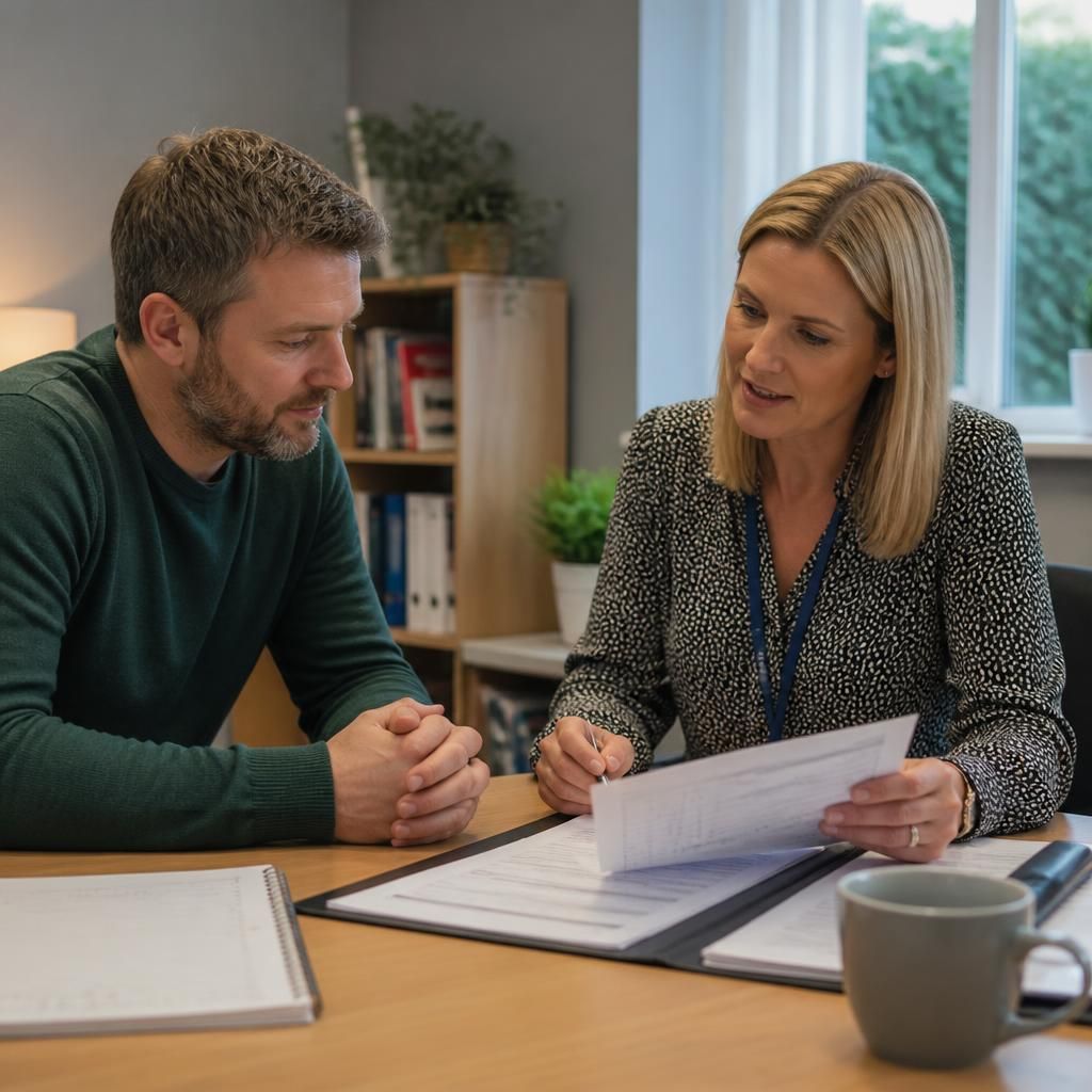 Foster carer discussing review documents with a supervising social worker