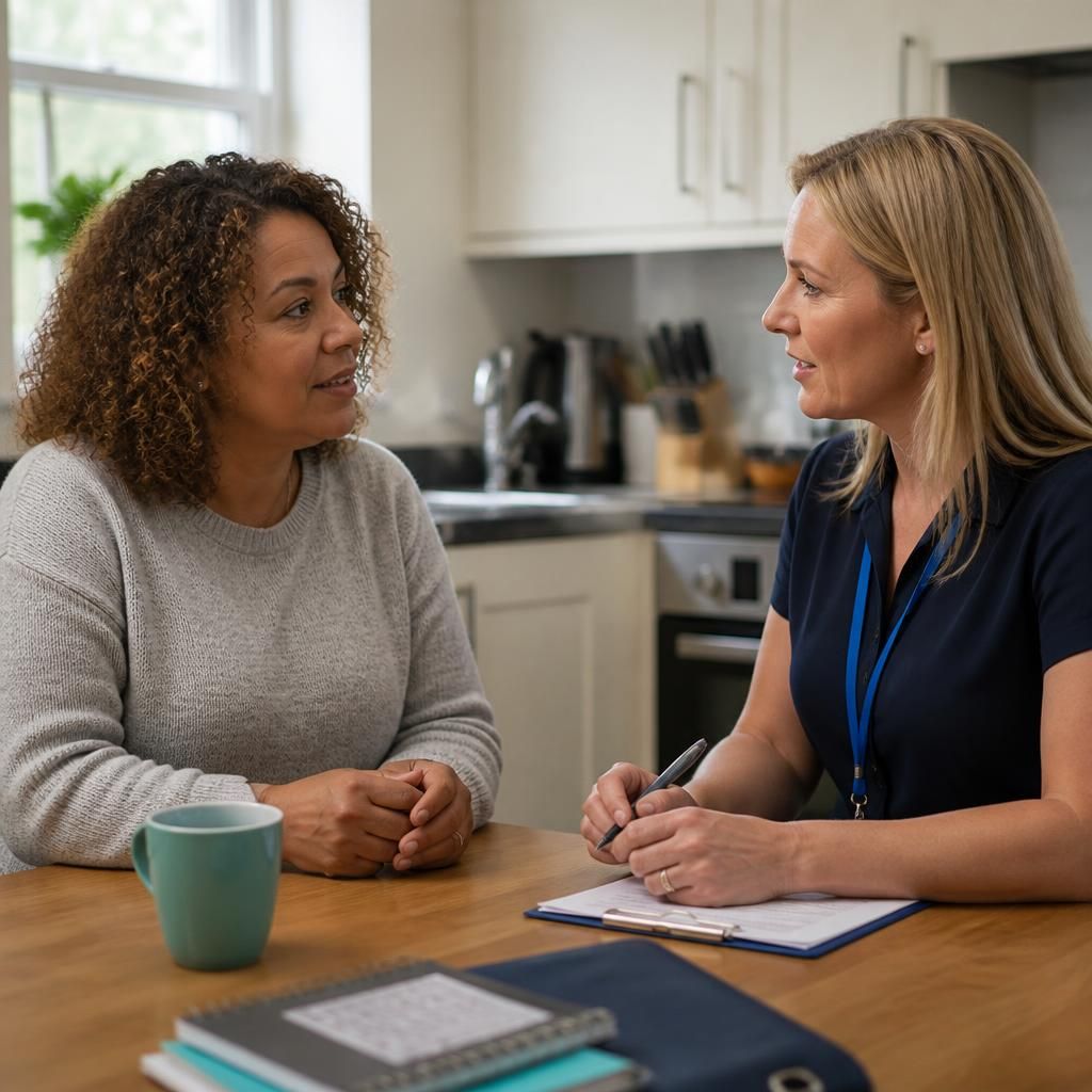Foster carer speaking with a supervising social worker at a kitchen table