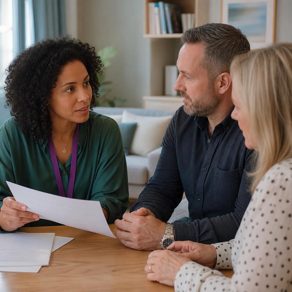 Prospective foster carer discussing assessment paperwork with a social worker