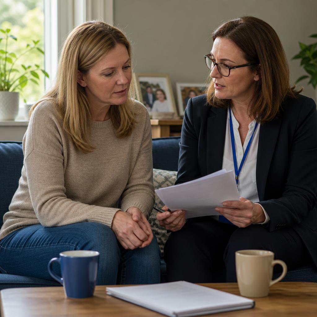 Foster carer applicant discussing documents with an assessing social worker at home