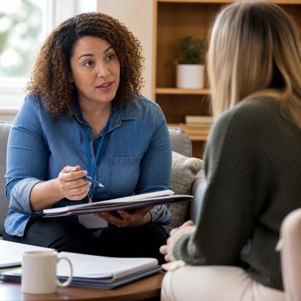 Foster carer applicant discussing references with a social worker