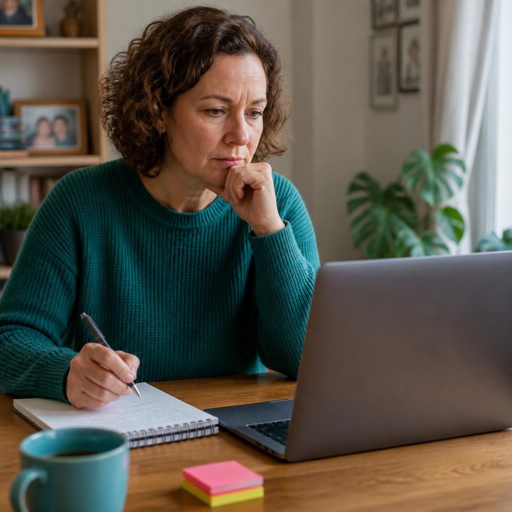 Person reviewing an online foster training module with notes beside a laptop