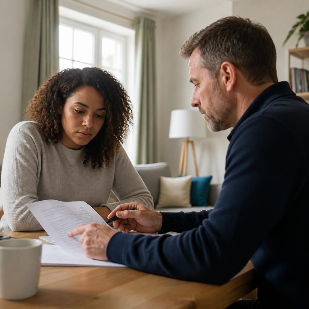 Tenant reviewing a tenancy agreement with a landlord at home