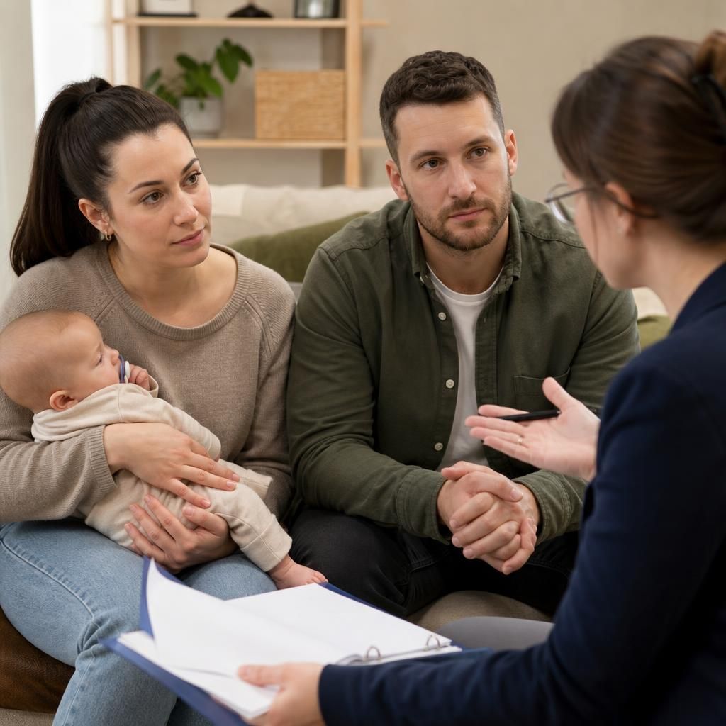 Foster carer speaking with social care professionals about an infant's needs