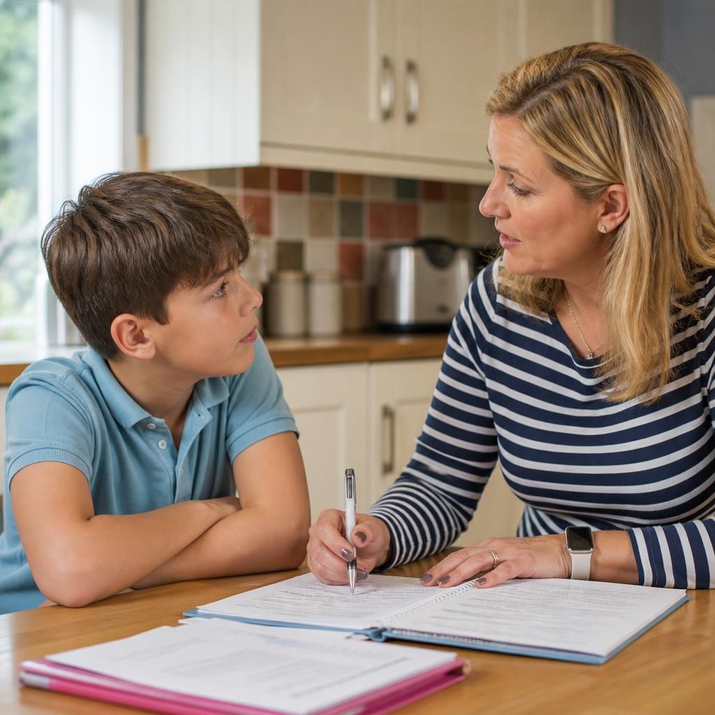 Foster carer speaking with a child at a kitchen table while reviewing care notes