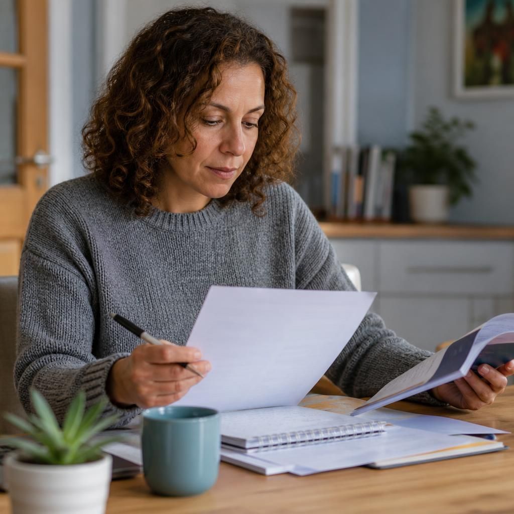 Foster carer reviewing training materials and application documents at a table