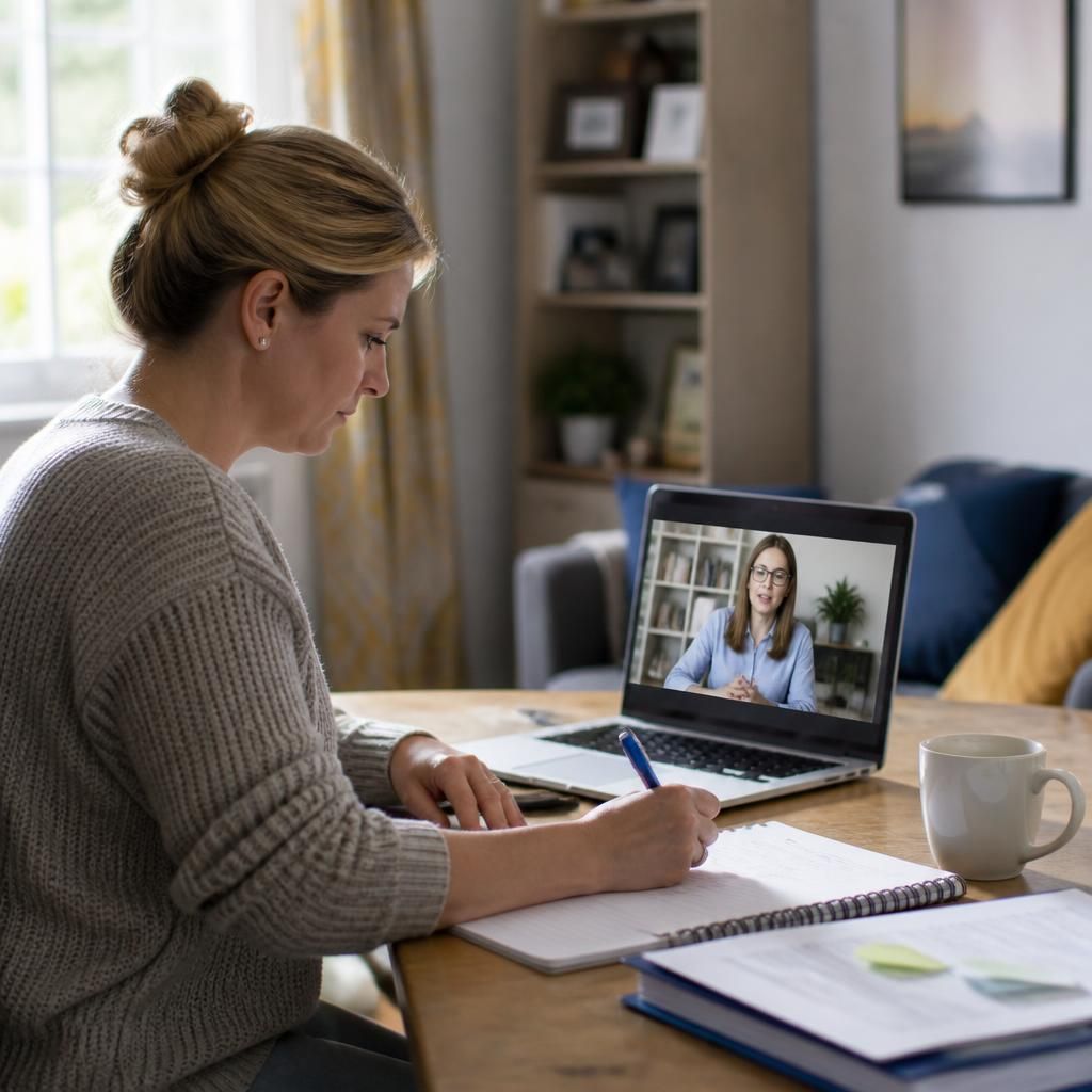 Foster carer completing paperwork while attending an online training session