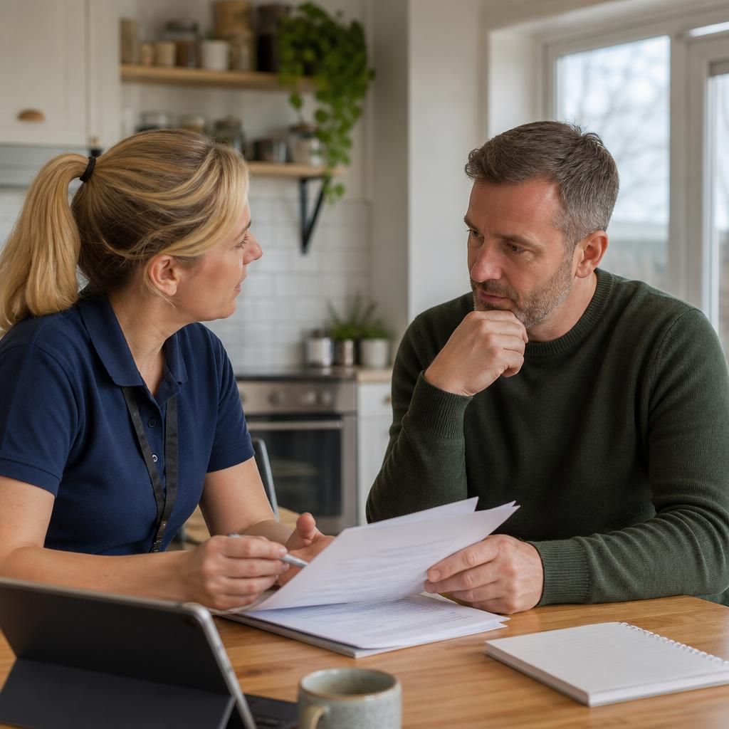 Foster carer discussing paperwork with a social worker at a kitchen table