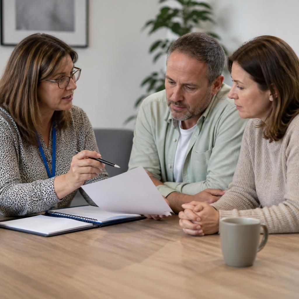 Social worker discussing care plans with prospective foster to adopt carers at a table