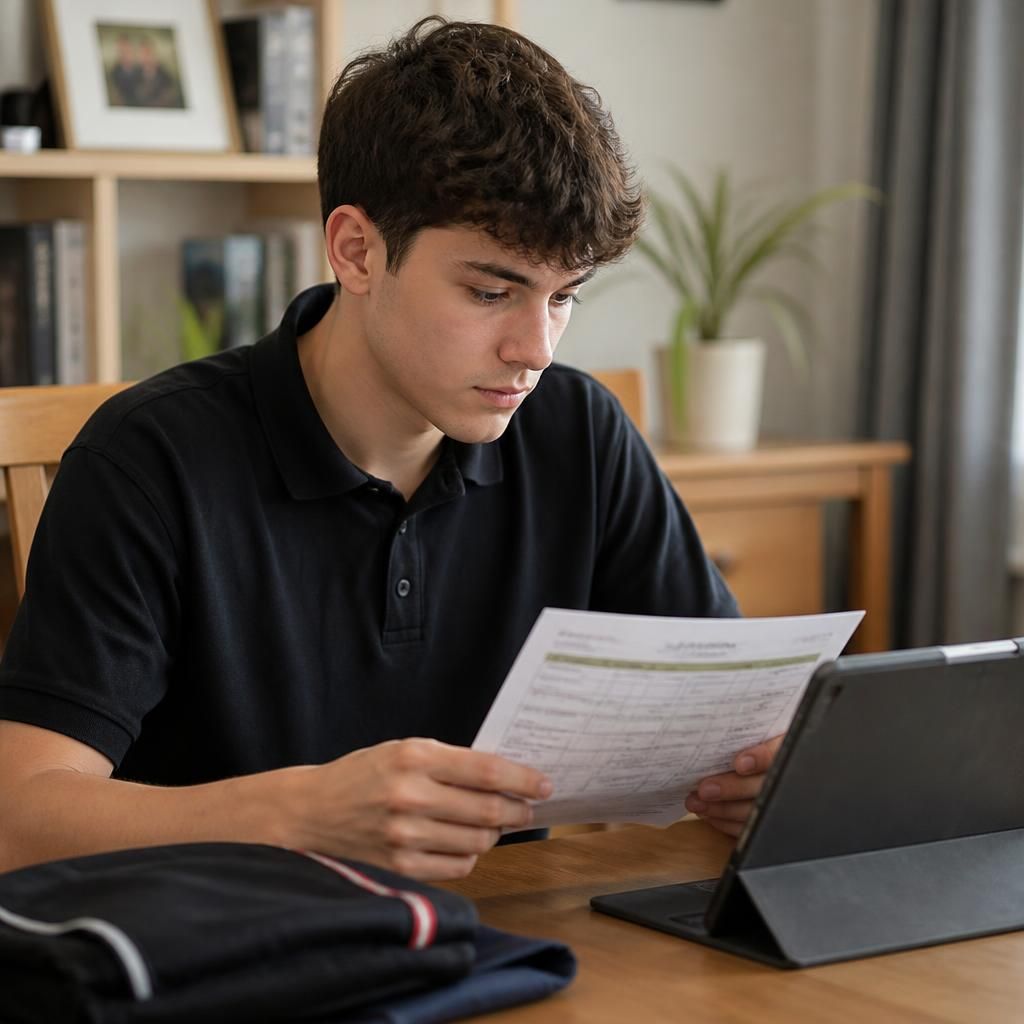 Young person in work clothes checking a rota at home while living in staying put care