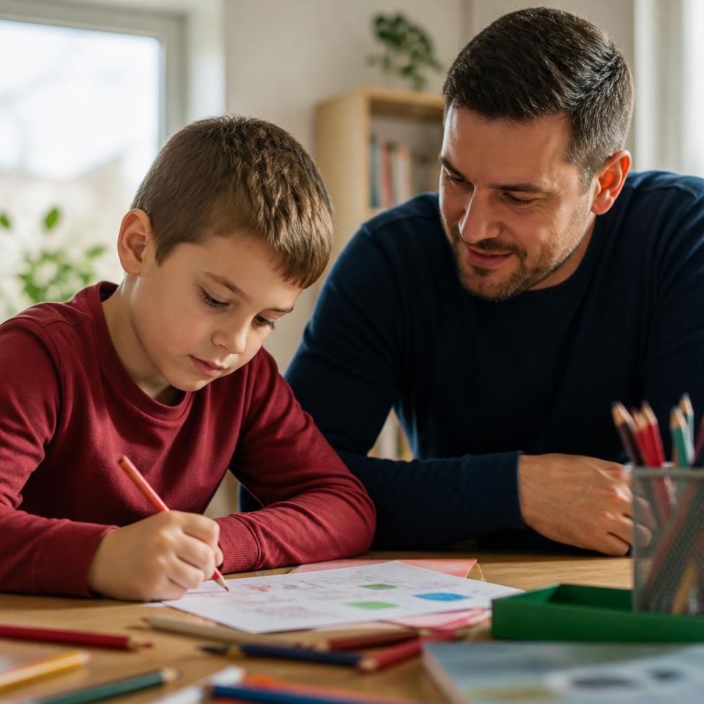 Adult supporting a child with a creative activity