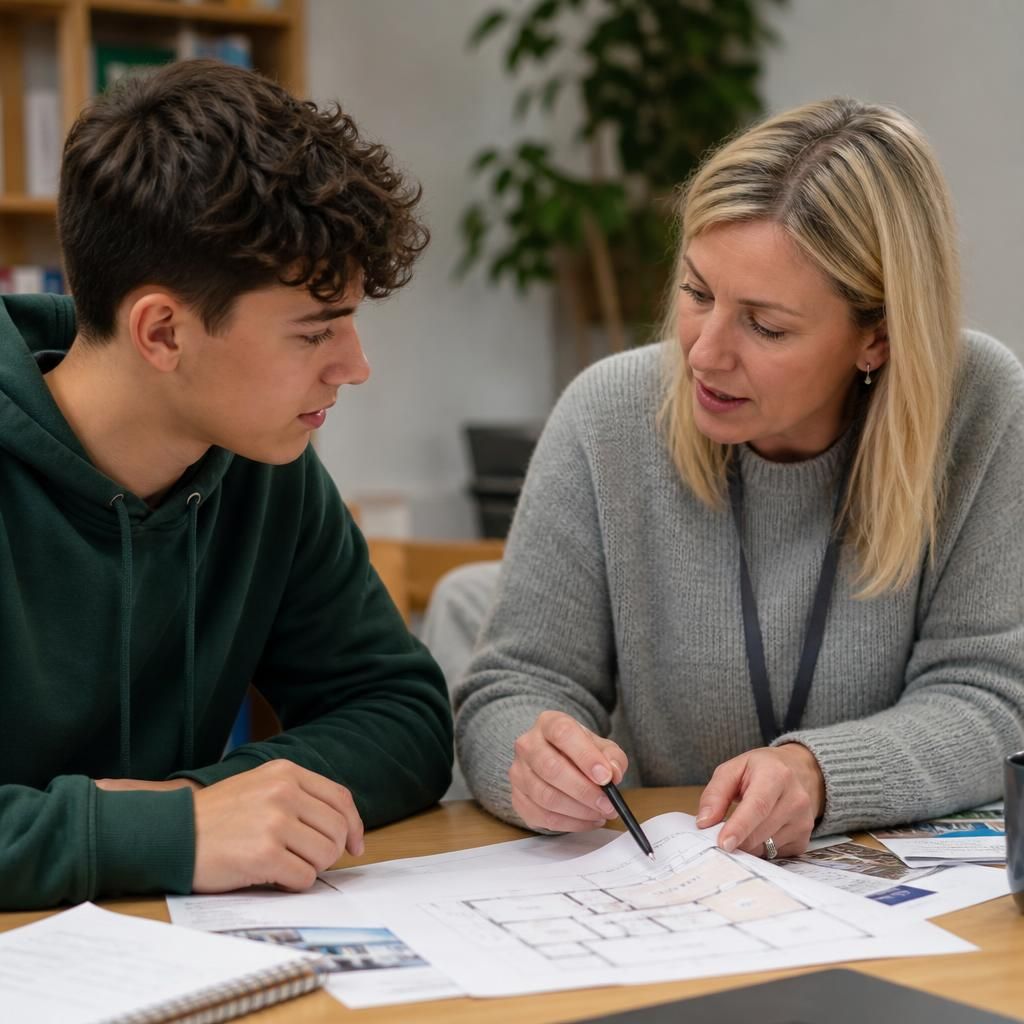 Young person reviewing housing plans with a social worker at a table