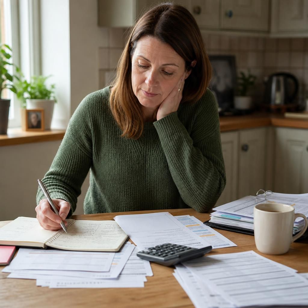 Foster carer reviewing household budgeting notes and fostering payment information