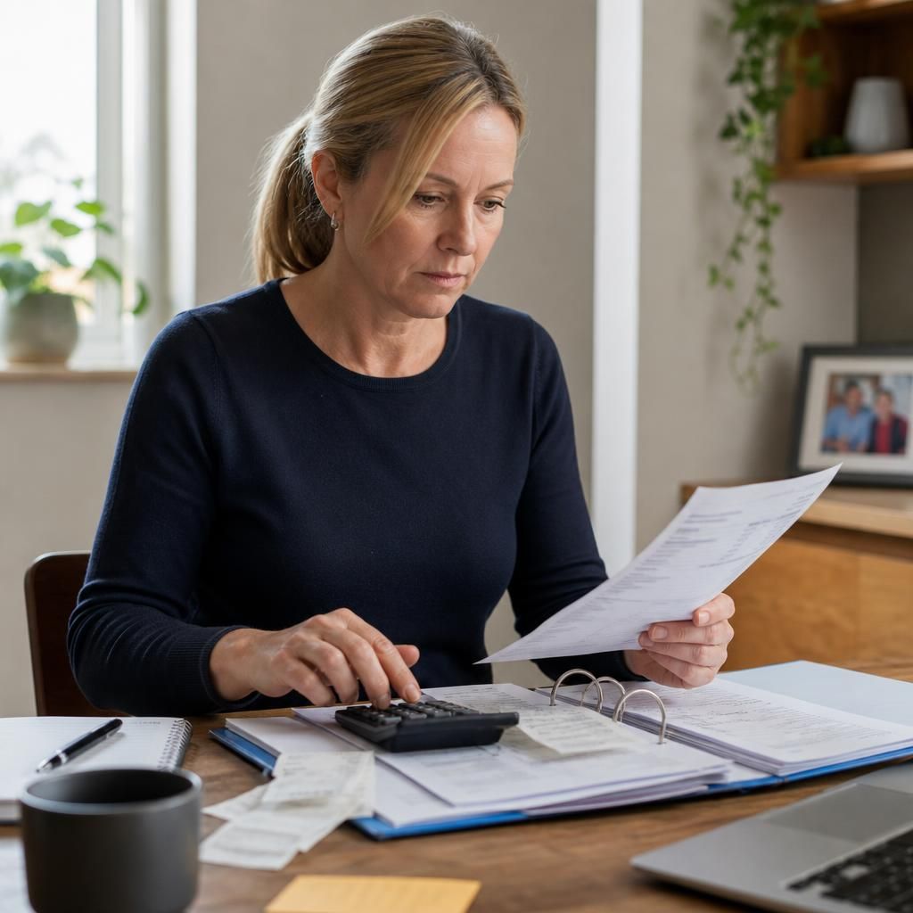 Foster carer reviewing payment records and placement paperwork at a desk