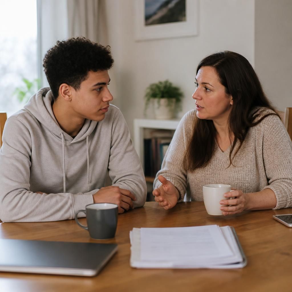 Young adult and foster carer discussing household boundaries at a table