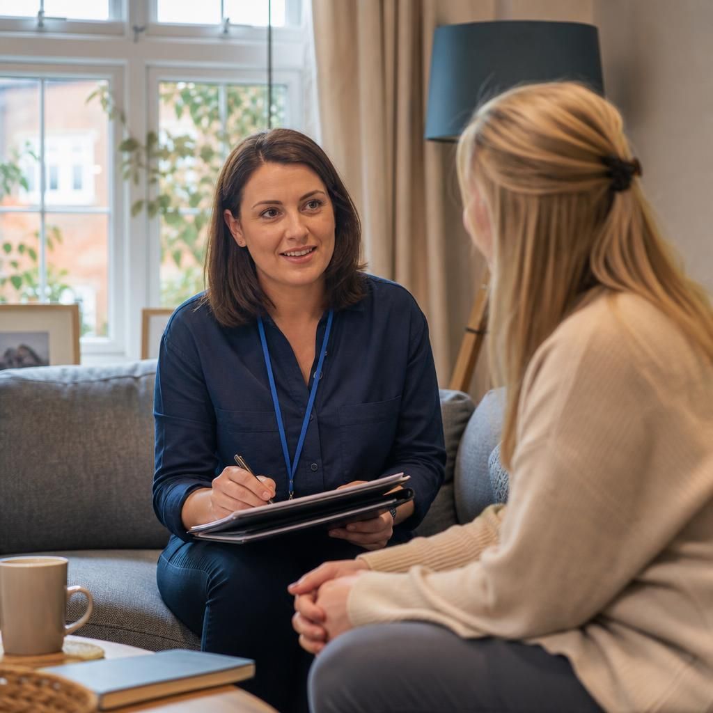 Foster carer speaking with a supervising social worker during a home visit