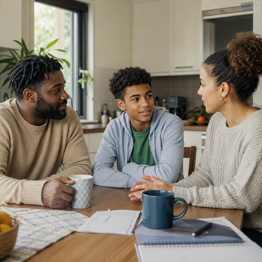 Foster family talking together around a kitchen table