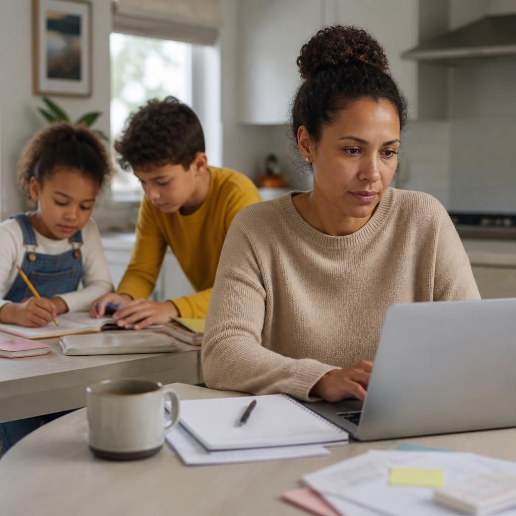 Parent working at a laptop while children sit nearby at home