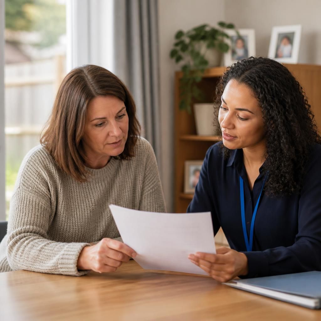 Foster carer reviewing household safety guidance with a social worker