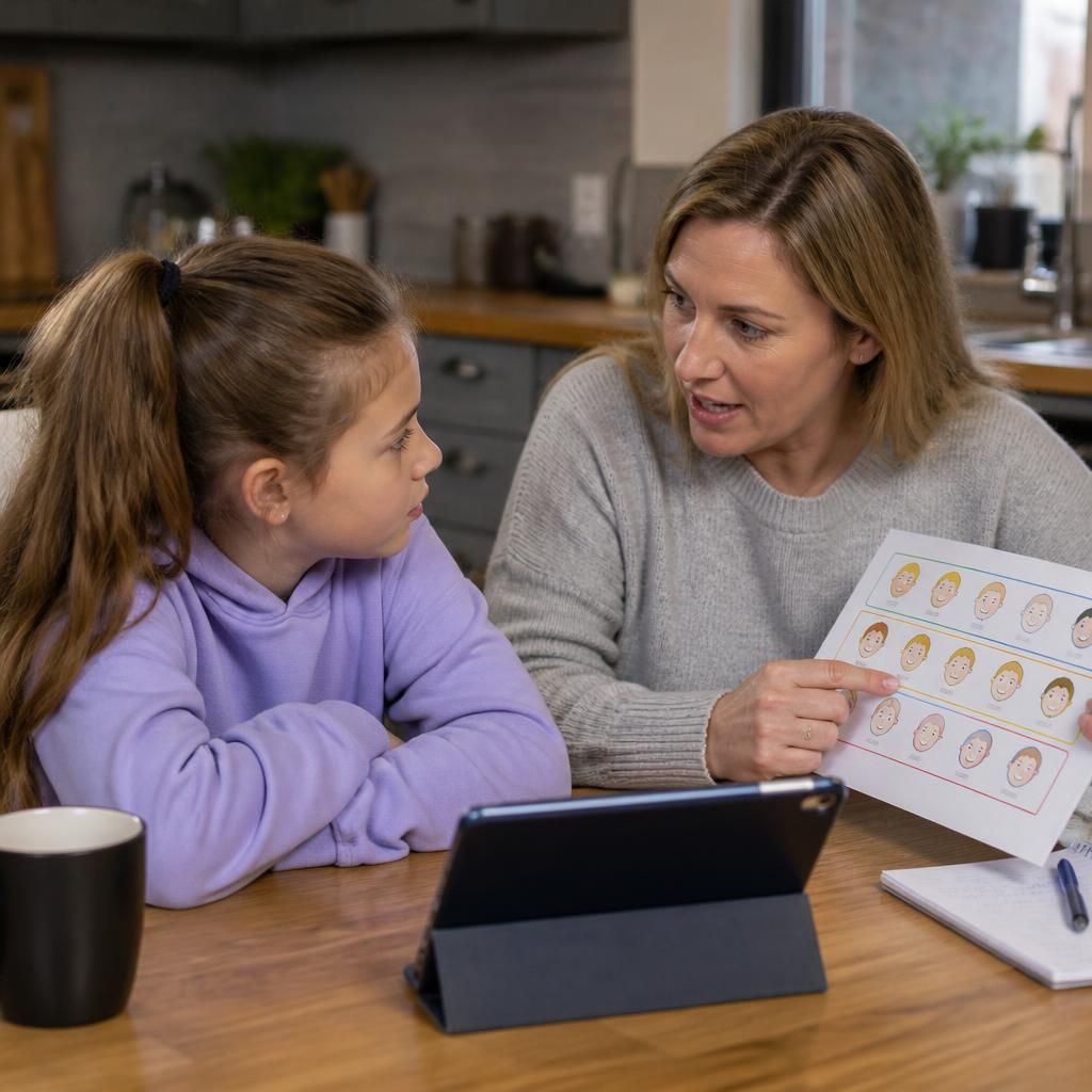 Foster carer and child discussing a feelings chart at a table