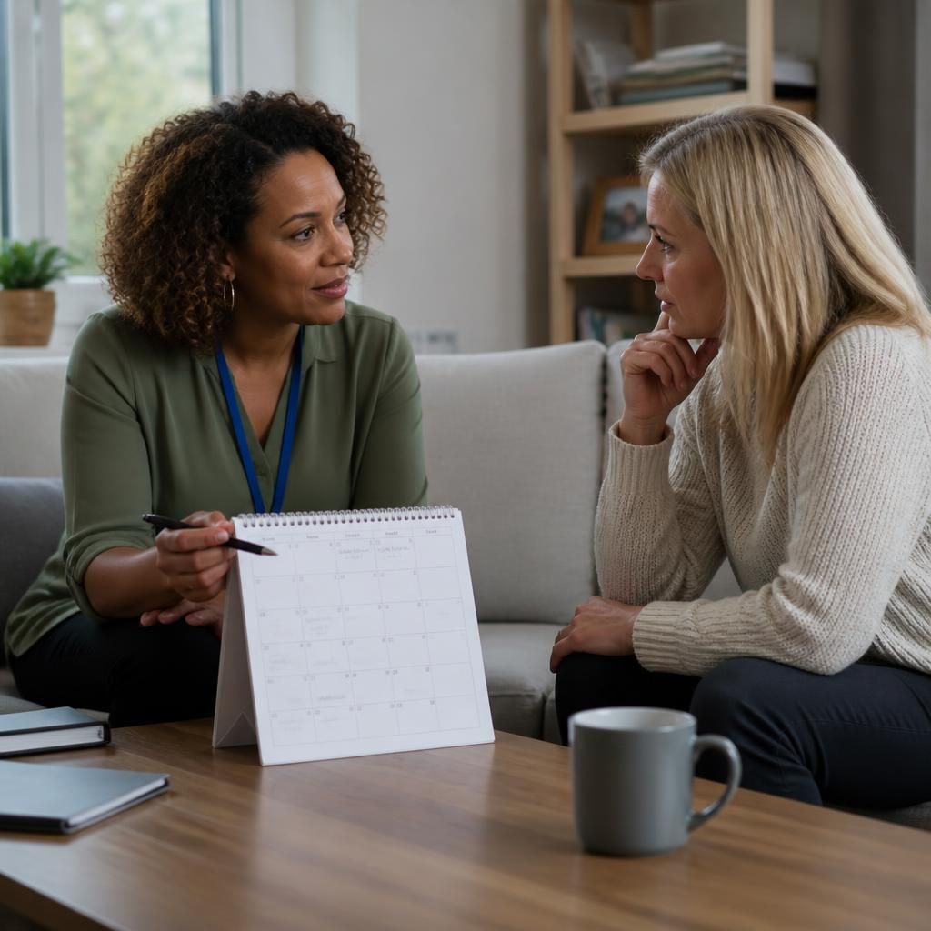 Foster carer checking a calendar while discussing plans with a social worker