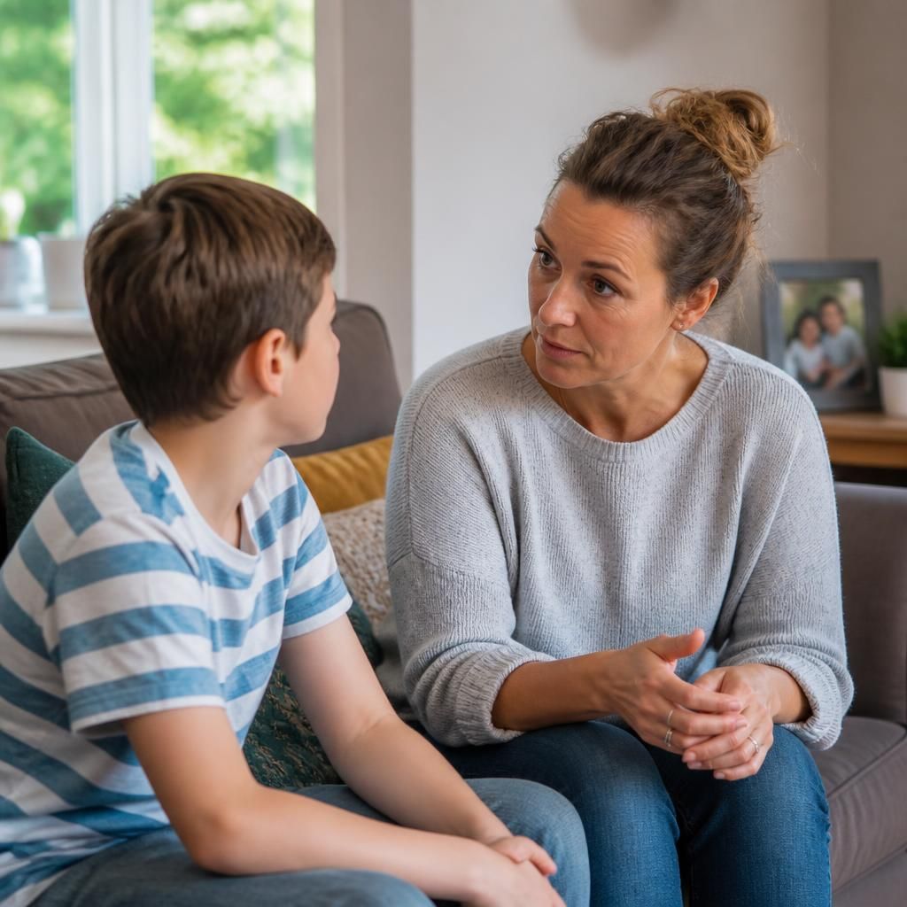 Foster carer speaking with a child at home