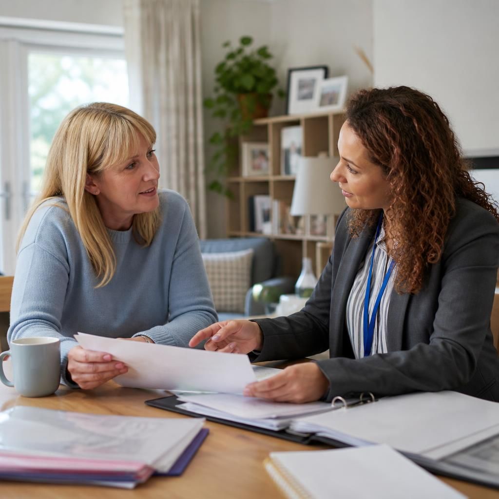 Foster carer discussing household records with a supervising social worker
