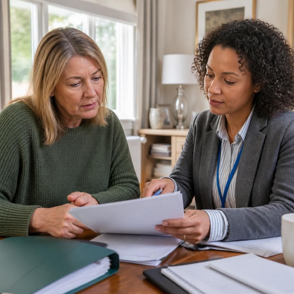 Foster carer reviewing placement documents with a social worker