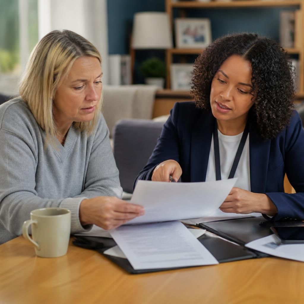 Foster carer reviewing allowance paperwork with a social worker