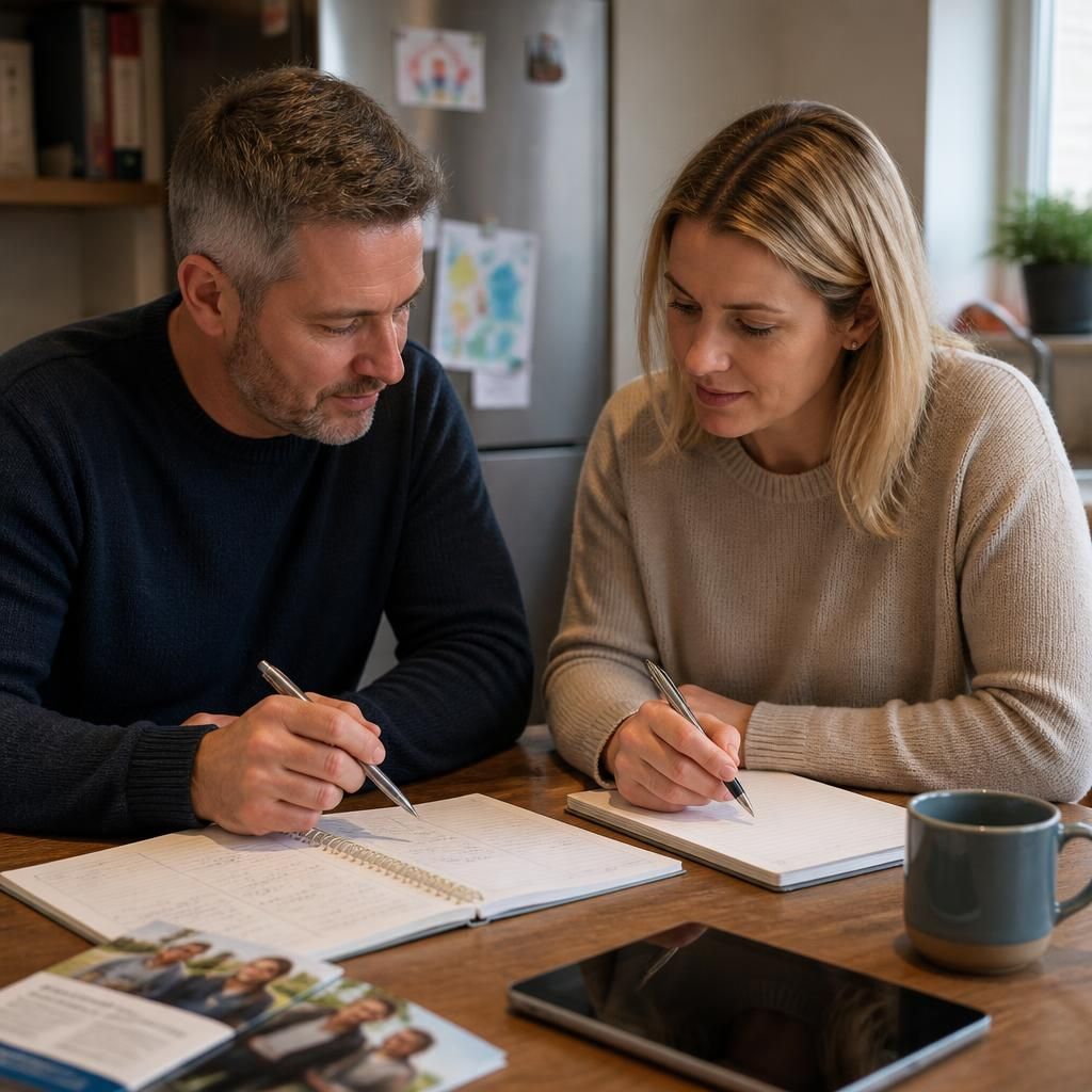 Two adults reviewing notes and planning household activities