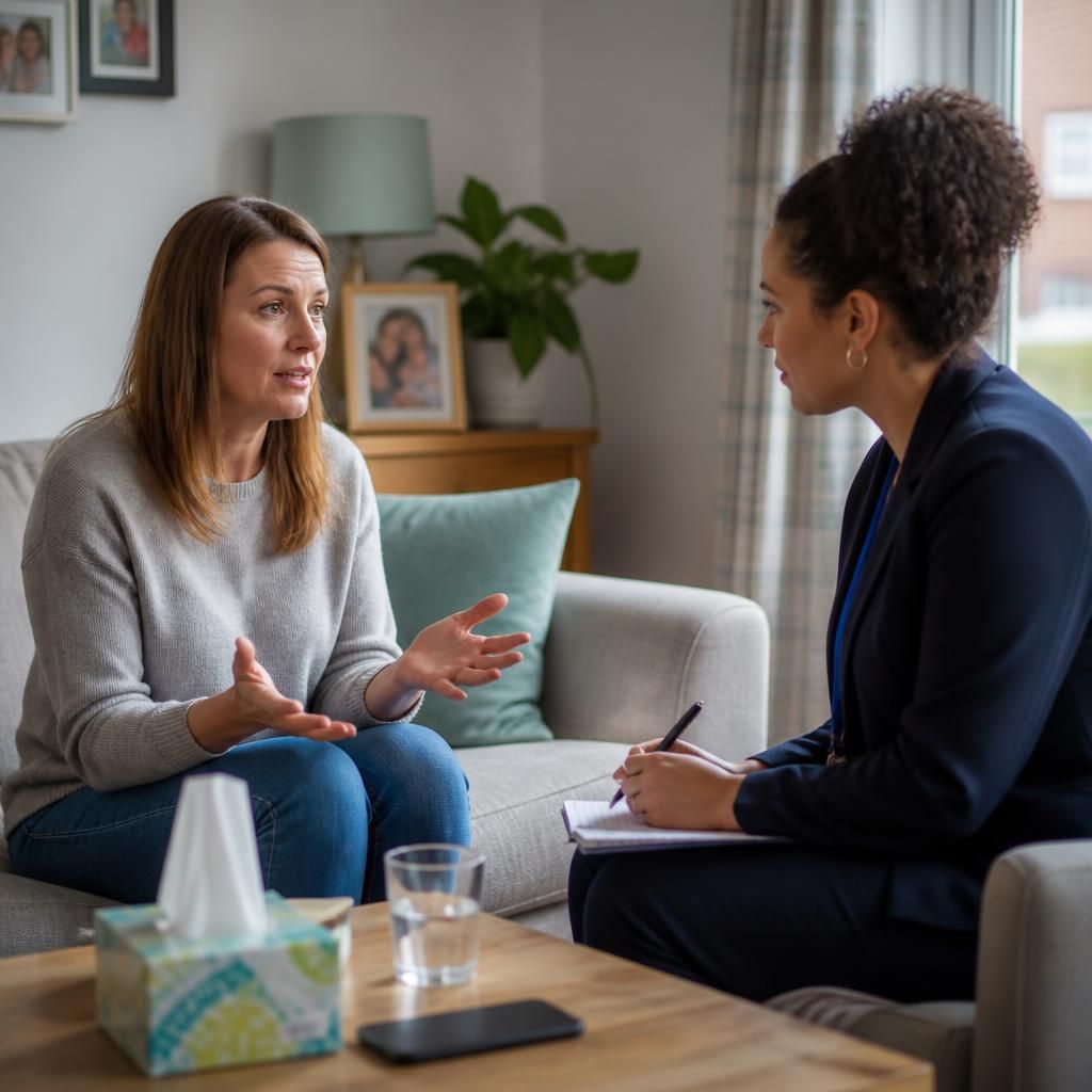 Foster carer speaking with a social worker about a child's care needs