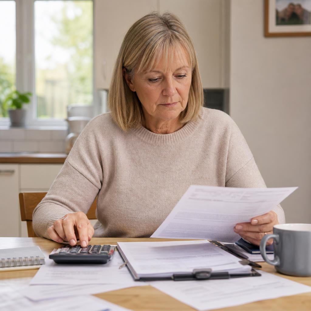 Kinship carer reviewing household income records and child-related expenses at a table