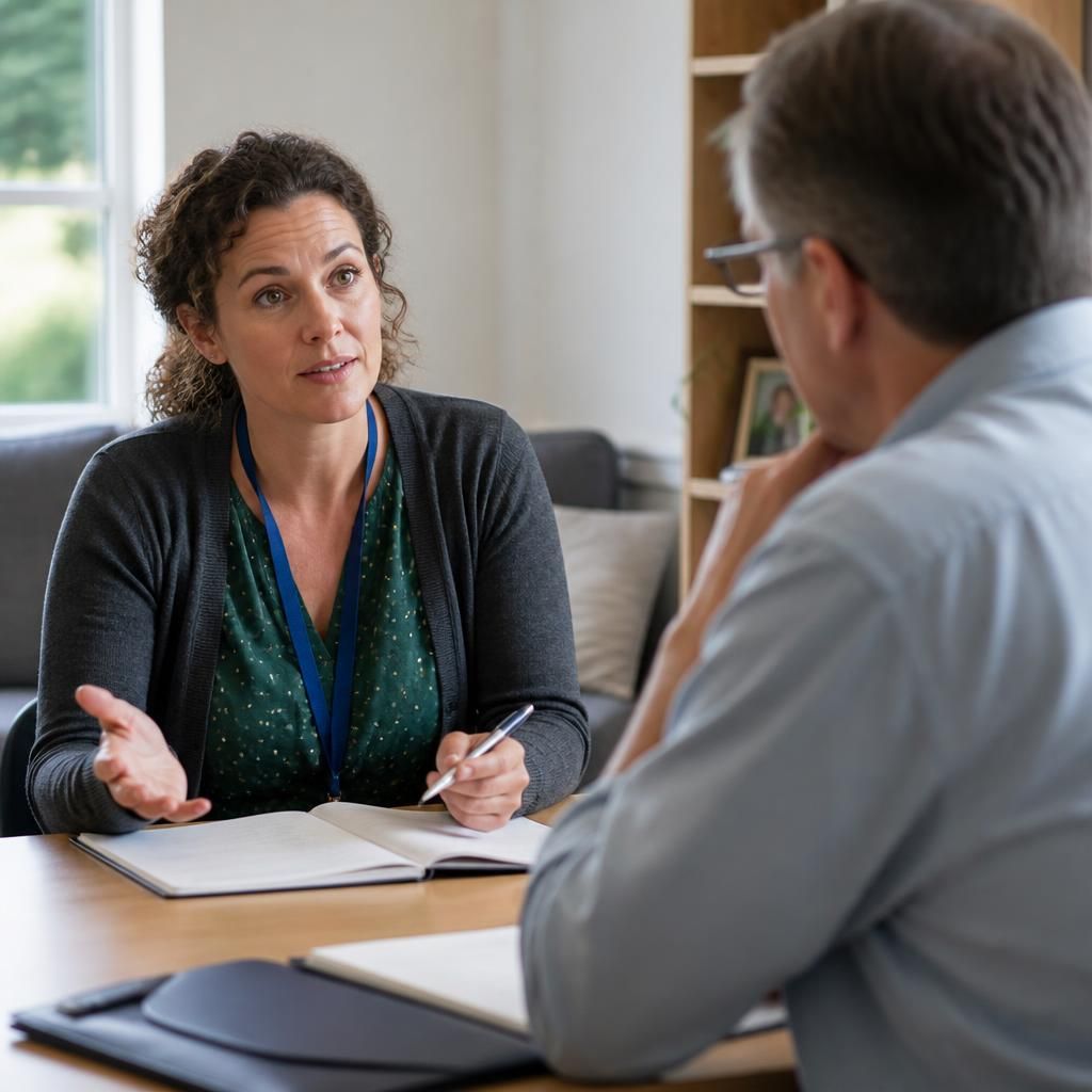 Foster carer speaking with a social worker during a placement discussion